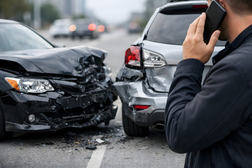 Two-Car Accident Scene with Person Calling for Help, Face Not Visible